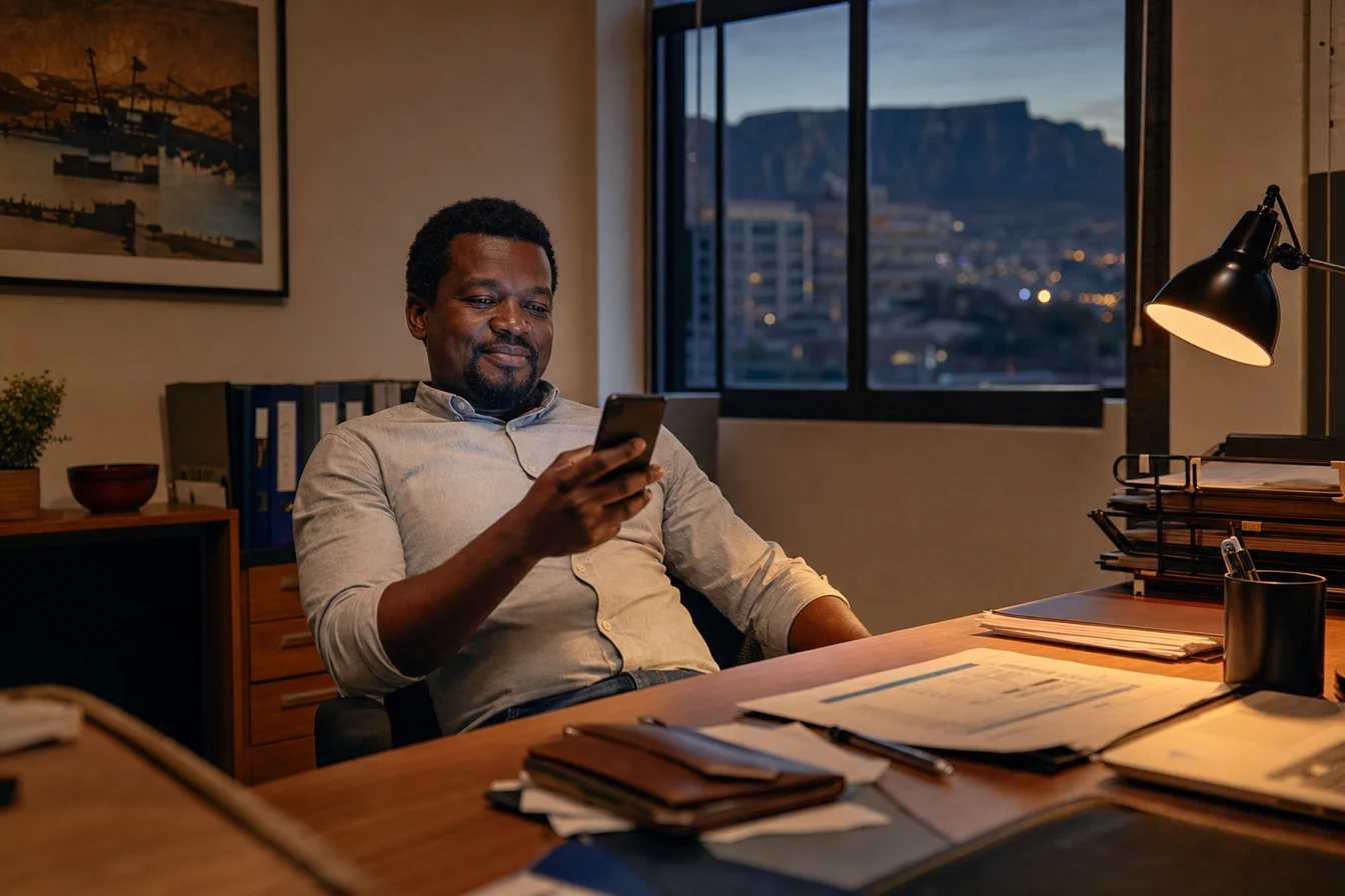 South African business owner getting an instant WhatsApp reply on their phone in the evening